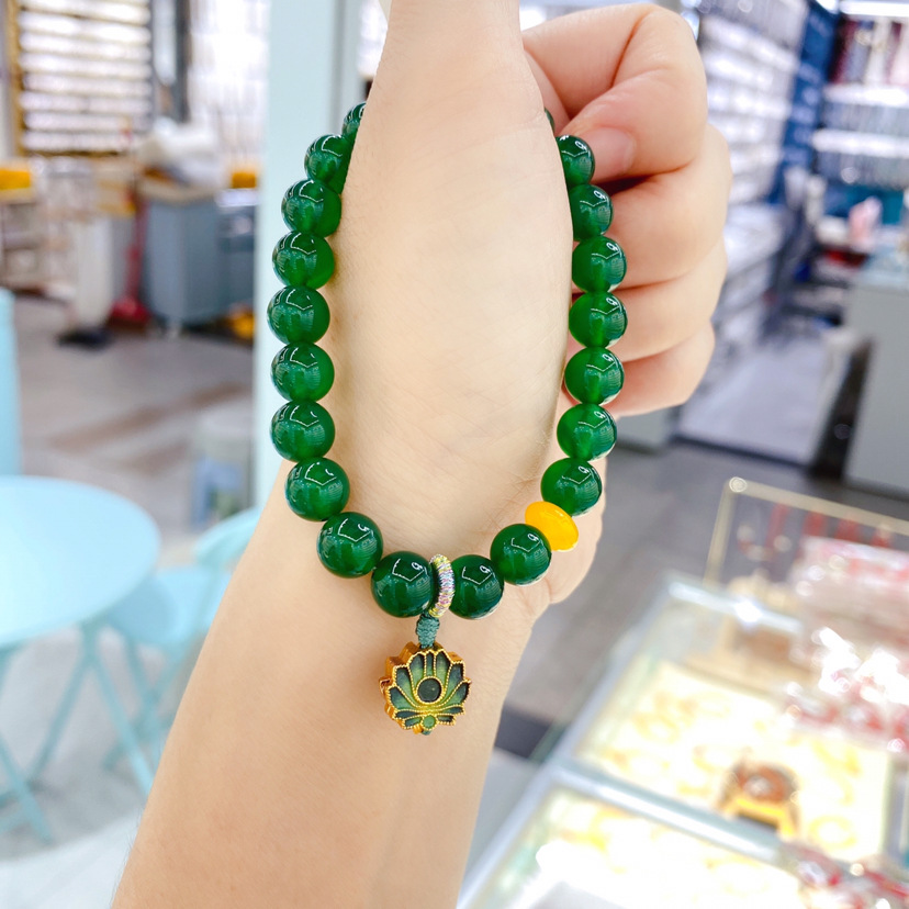 Green Chalcedony Bracelet Female Summer Ins Internet Celebrity Special-Interest Design Vintage Ethnic Style Lotus Pendant Crystal Bracelet Jewelry