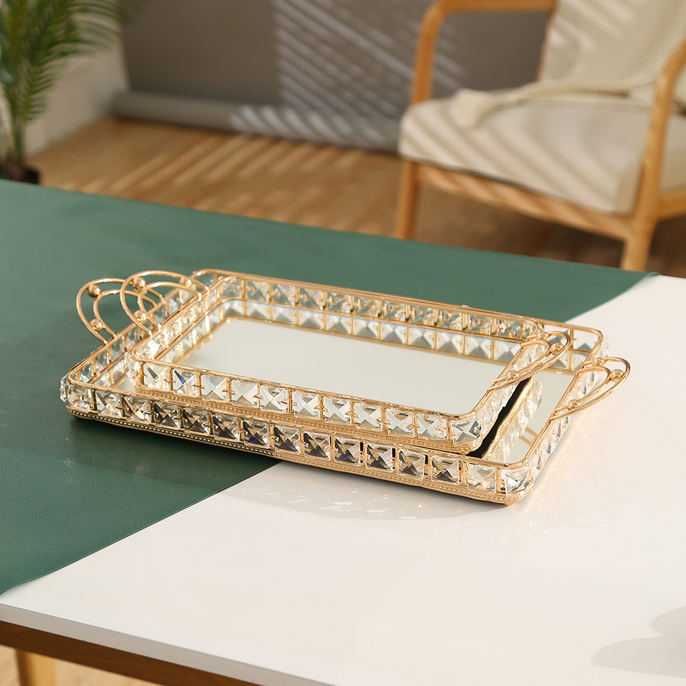 Living Room Crystal Fruit Plate Square Cosmetics Storage Tray Modern Simple Mirror Metal Square Snack Tray