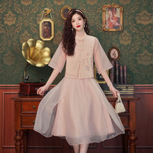 夏季新中式改良旗袍年轻款女装小个子国风茶服连衣裙子两件套装女