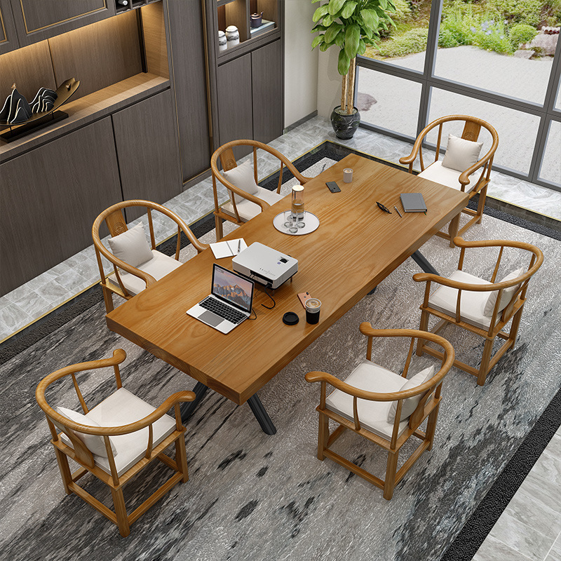 新中式不规则边洽谈桌子公司接待泡茶实木桌椅长条形会议桌椅组合