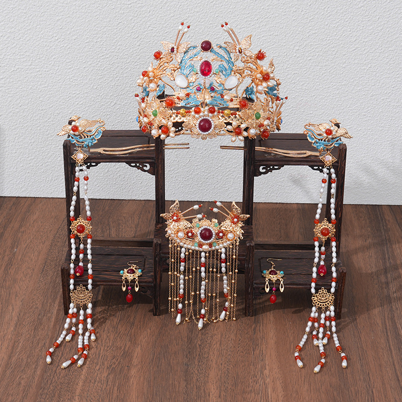 原创公主古风新娘流苏明制步摇宫廷凤冠霞披百搭中国风烧蓝红色发