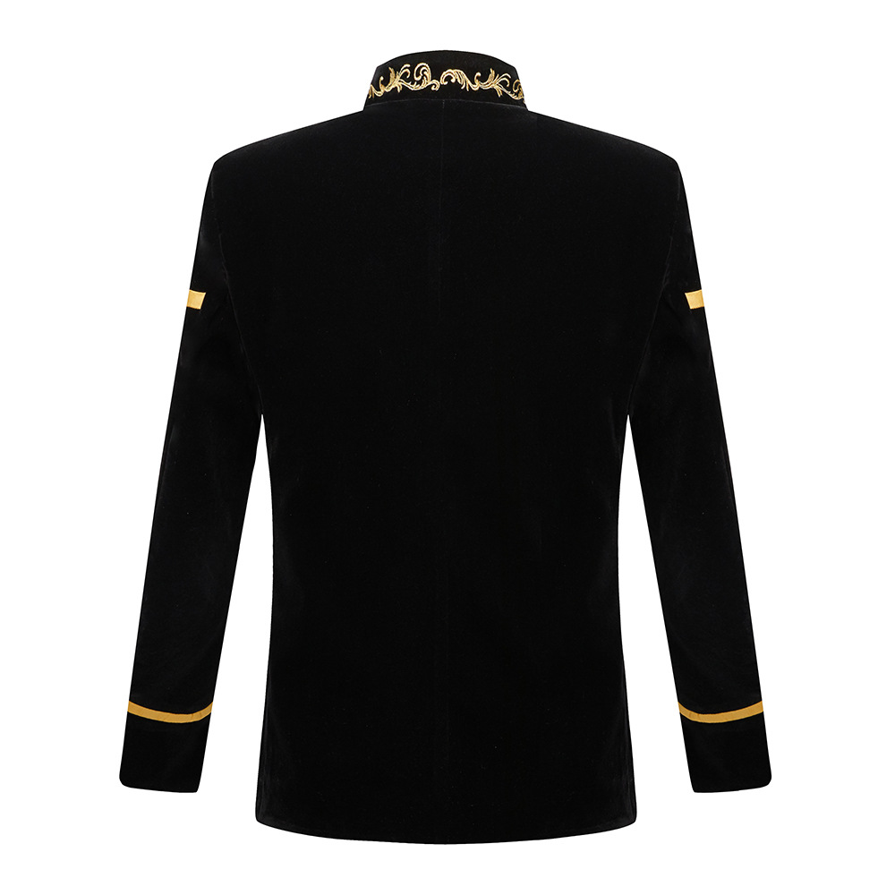 男士黑色海军风西装外套歌手修身西装舞台服装天鹅绒单排扣夹克