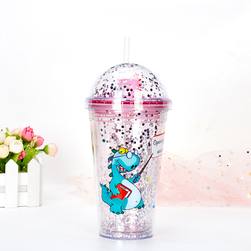Micro Landscape Slide Cover Double-Layer Cup with Straw Fresh Student Couple Water Cup Dinosaur Sequins Summer Ice Glass