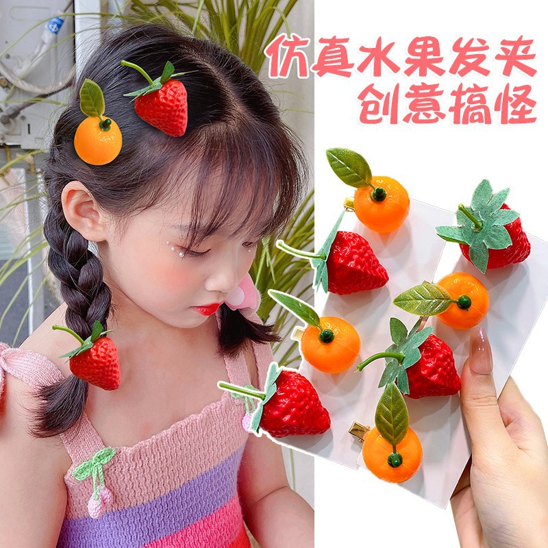Children's Hair Accessories Cute Emulational Fruit Fun Clip Red Strawberry Barrettes Girls Sweet Orange Hair Clip Headdress