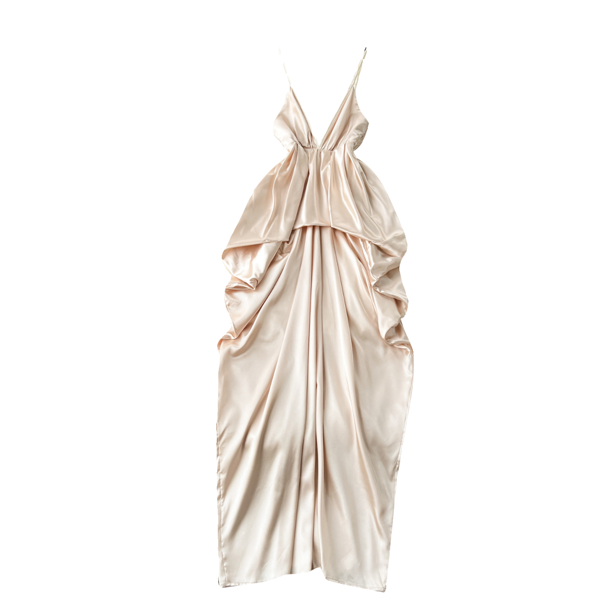 高级感缎面晚会礼服女神范性感深v领小众褶皱修身长款吊带连衣裙