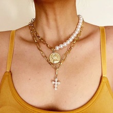 跨境热卖配饰 珍珠choker锁骨链十字架铜项链 欧美饰品珍珠项链女