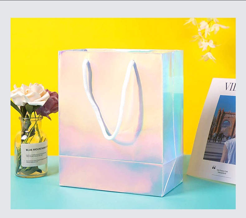 化妆品鞋服包包节日礼品包装纸袋 反光镭射渐变可折叠方底手提袋