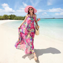 东南亚海南三亚新款夏季度假连衣裙海边大码沙滩裙女装碎花吊带长