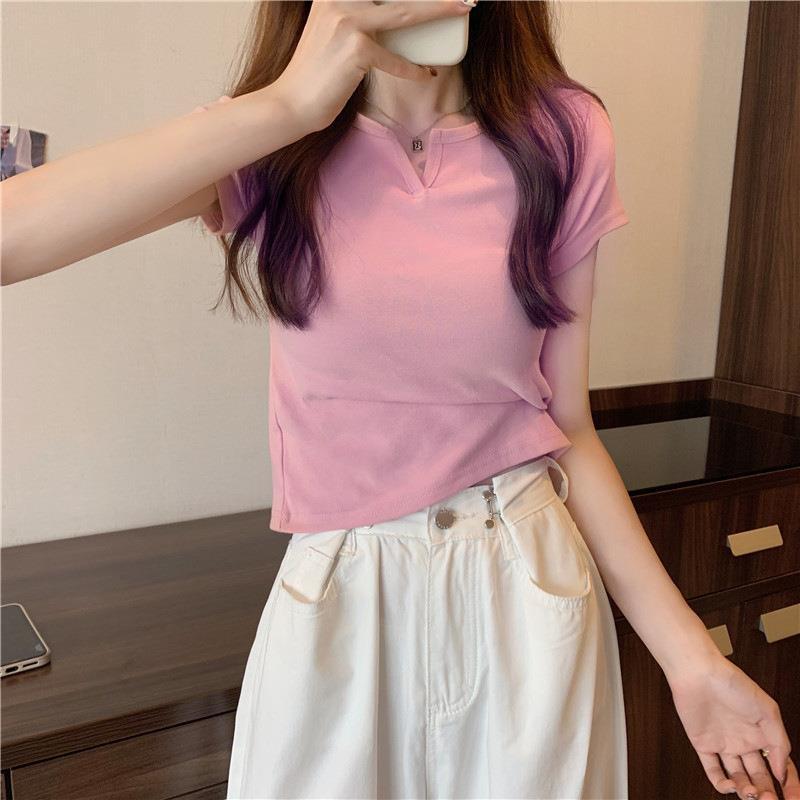 Short Women's Summer Design Sense Pink Slim-Fit Navel Hot Girl Women's T-shirt Short Sleeve 2023 Summer New Clothes