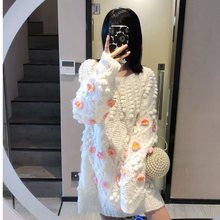 花朵刺绣白色甜美粗线套头毛衣女宽松慵懒风春秋外穿韩版2024新款