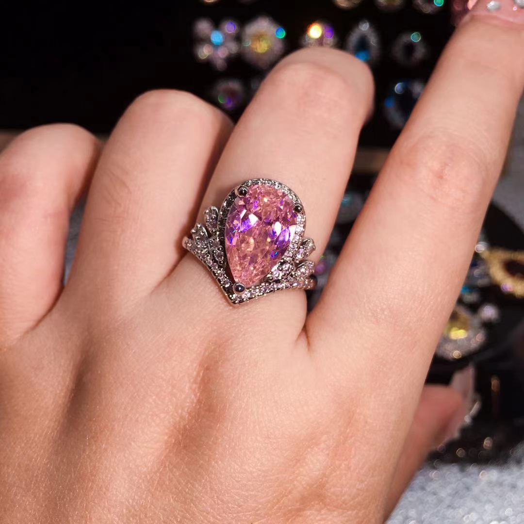 5a锆石网红皇冠高碳钻水滴形仿真粉红碧玺彩宝开口戒指订婚钻戒