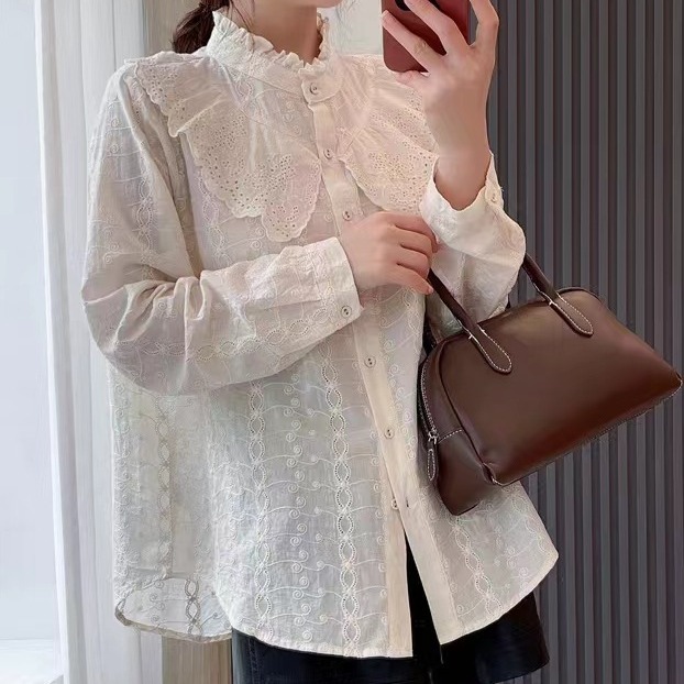 甜美荷叶边小立领减龄软妹衬衫女设计感小众刺绣镂空长袖衬衣上衣