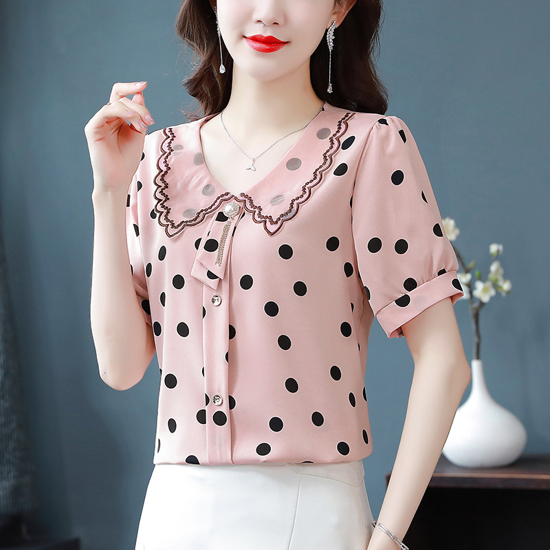 2023 Summer New Fashion Korean Style Mom Graceful and Fashionable Doll Collar Polka Dot Shirt Women's Short Sleeve Chiffon Shirt