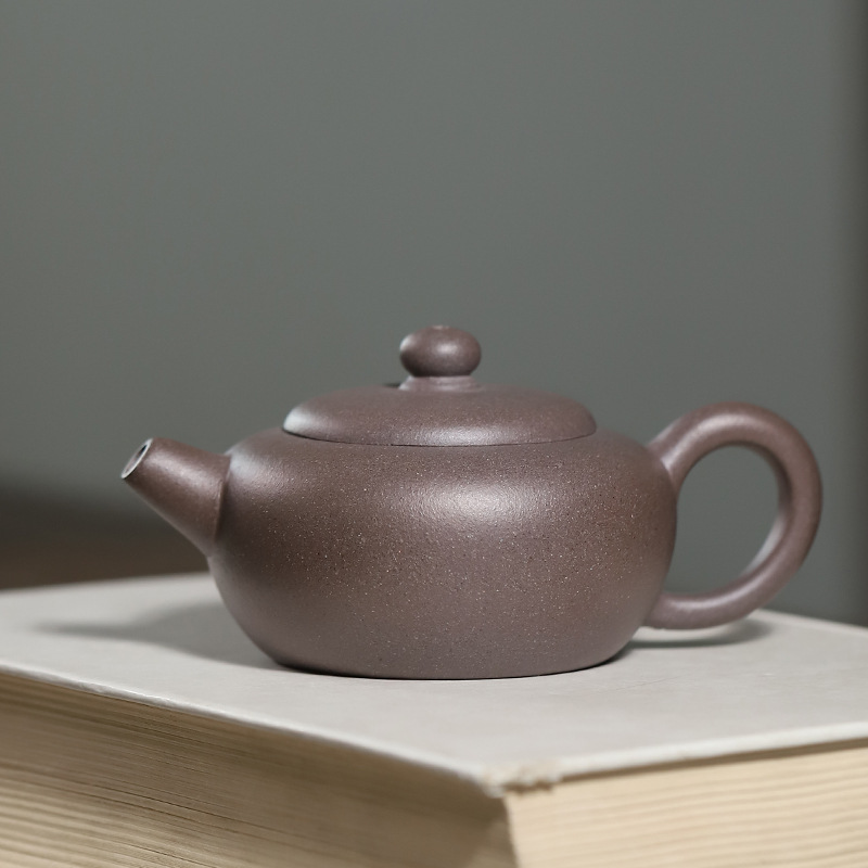 宜兴紫砂壶厂家批发熊菊平青灰段泥功夫泡茶壶120ml扁轮中式茶具