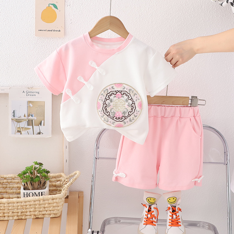 Baby Girl Suit 2024 New Fashionable Korean Style National Style Short-Sleeved Shirt Two-Piece Cartoon Children's Baby Clothes