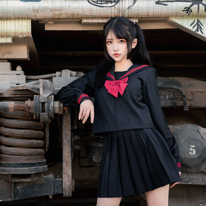 正统基础款jk制服裙黑赤三本水手服日系长袖短袖学生厂家批发代发