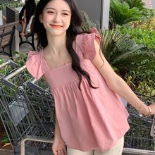 夏季韩版法式飞飞袖吊带上衣女感小众显瘦别致方领甜美小衫