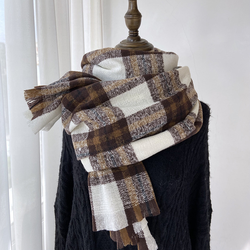 Plaid Scarf for Women 2023 Fall/Winter Hot-Selling Korean Style Thick Warm Cashmere-like Shawl for Students All-Match Scarf Wholesale