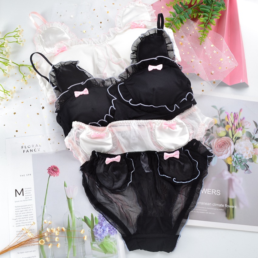 可爱日系少女风熊耳朵内衣套装文胸胸罩无钢圈薄杯网纱性感内裤