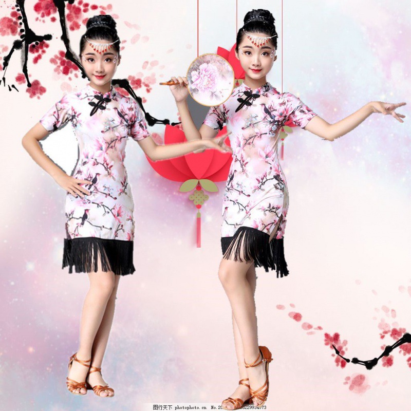 新款少儿古典旗袍拉丁舞蹈服中国舞国风女童碎花比赛表演演出服装