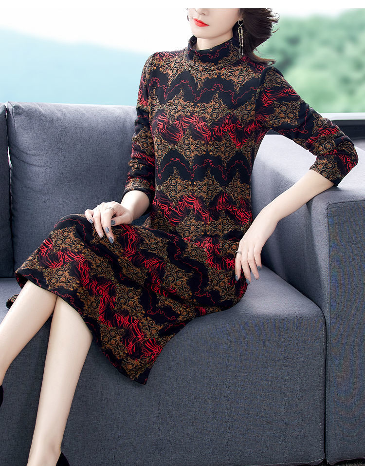 碎花针织贵妇人连衣裙气质洋气长裙弹力加绒加厚妈妈裙冬装打底裙