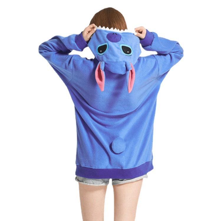 kigurumi动物连体睡衣蓝色史迪奇卡通卫衣情侣摇粒绒拉链连帽外套