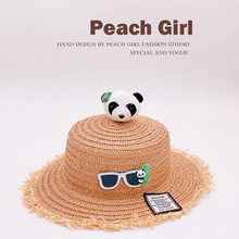 Peach Girl 国潮熊猫花花可爱布贴儿童草编帽子夏天沙滩帽 HD5169