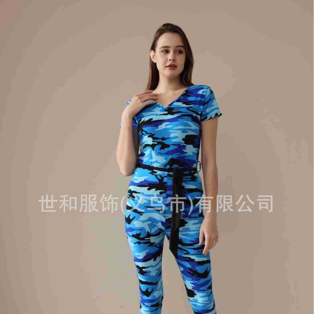 2024 Spring and Summer New Foreign Trade Women's Elastic Milk Silk Camouflage Short-Sleeved Trousers One-Piece Pajamas Pajamas