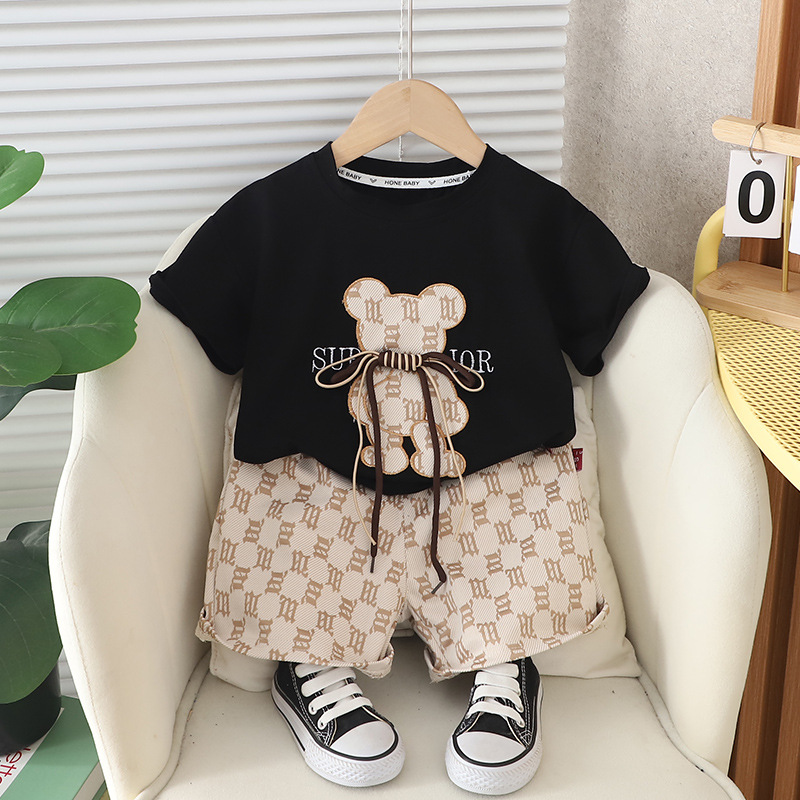 2024 Summer Short Sleeve Suit Korean Style Casual Cartoon Animal Pullover Boys Internet Celebrity Children's Clothing Wholesale Short Sleeve