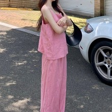 韩版粉色棉麻套装女2024夏季小个子时尚盐系背心上衣阔脚裤两件套