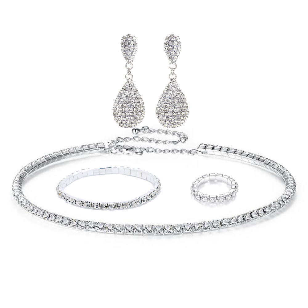 Cross-Border Hot Selling European and American Fashion Luxury Diamond Three-Row Necklace Earring Bracelet Ring Bridal Set Female N4674