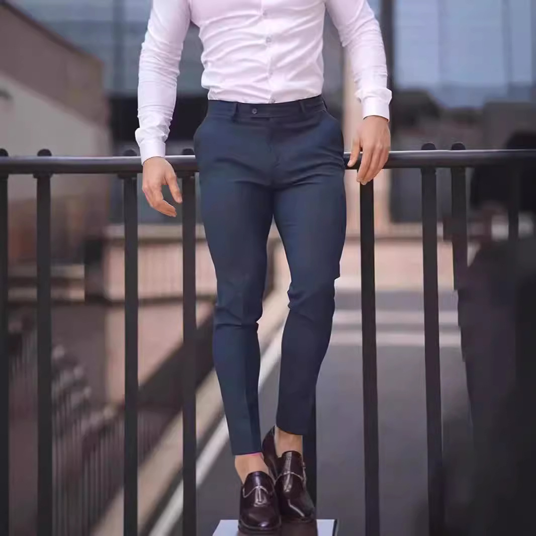 高端正装西裤肌肉男纯色小脚裤健身弹力西装裤商务免烫修身休闲裤