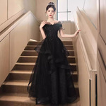 黑色晚礼服2024新款一字肩气质生日宴会法式主持人艺考成人礼裙子