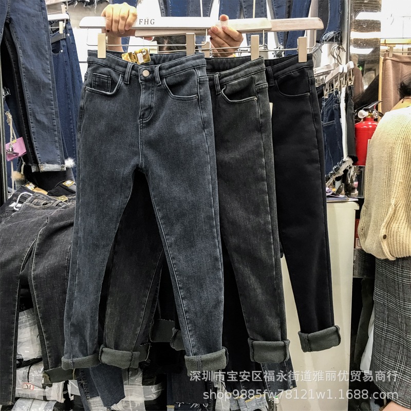 Jeans for Women 2022 Winter New Korean Style Fleece Addition Denim Trousers Denim Trousers Stretch Feet Pants Foreign Trade Stall Wholesale Net