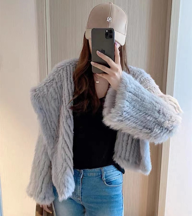 2022新款加密手工双面编织连帽韩版短款兔毛皮草外套女年轻款