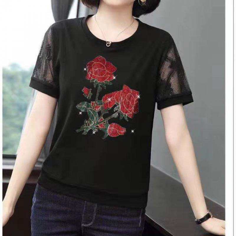 Short Sleeve Shirt Women's Western Style Small Shirt 2023 New Korean Mesh Half Sleeve Stitching Black T-shirt Mom Summer Clothes Fashion