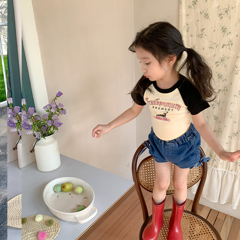 Girls' Cartoon Short T-shirt 2023 New Children's Color Matching Printed T Baby Summer Clothing Short T-shirt Bare Midriff Top