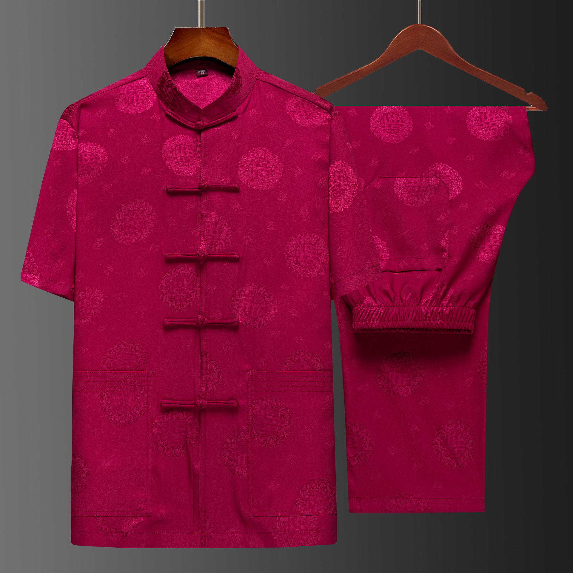 圆龙图中老年唐装男桑蚕丝短袖套装夏季真丝绸锻两件套爷爷衣服薄