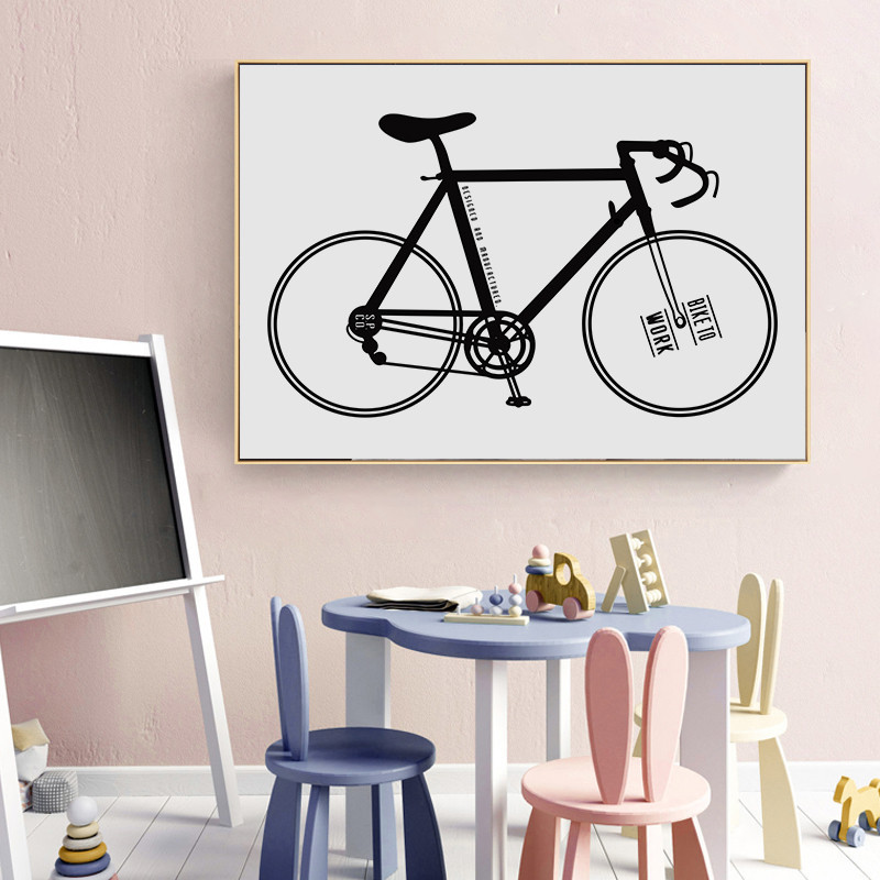 北欧简约手绘金色自行车黑白线条艺术客厅组合装饰画图片画芯