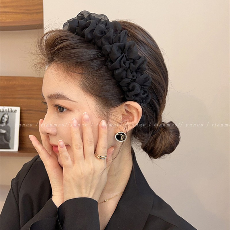 Korean Style Early Spring Fairy Beautiful Hair Accessories Temperament Mesh Pleated Headband Women's High Skull Top Face Washing out Headband Makes Face Look Smaller