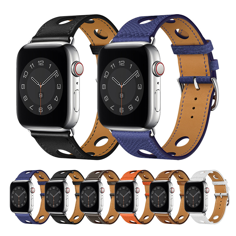 苹果表带适用于apple watch98765真皮爱马洞洞牛皮表带iwatch表带-阿