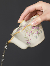 汝窑桃枝秾粉盖碗茶杯单个开片高档手抓壶茶具泡茶壶制作Logo茶具