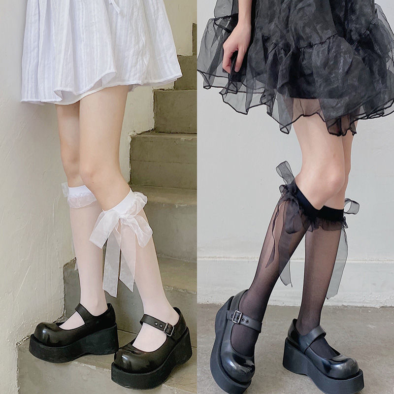 夏季任意剪蝴蝶结花边绑带小腿袜日系可爱lolita缎带jk中筒袜子女
