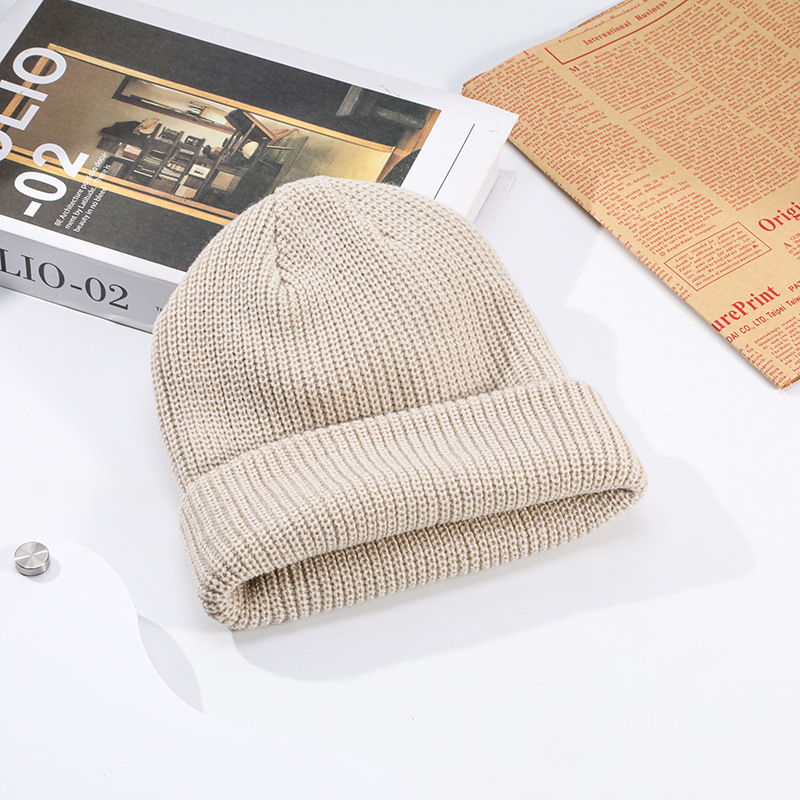秋冬纯色百搭针织毛线帽子韩版加厚保暖光板卷边套头瓜皮帽-阿里巴巴