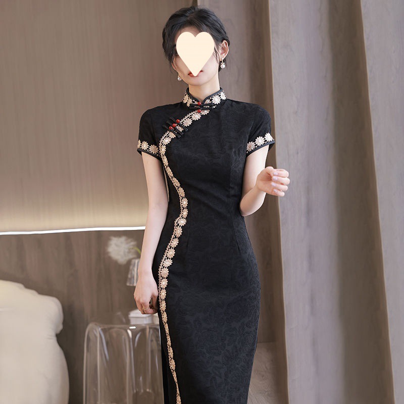 旗袍改良女黑色2023年新款气质复古风长款妈妈连衣裙夏季一件批发