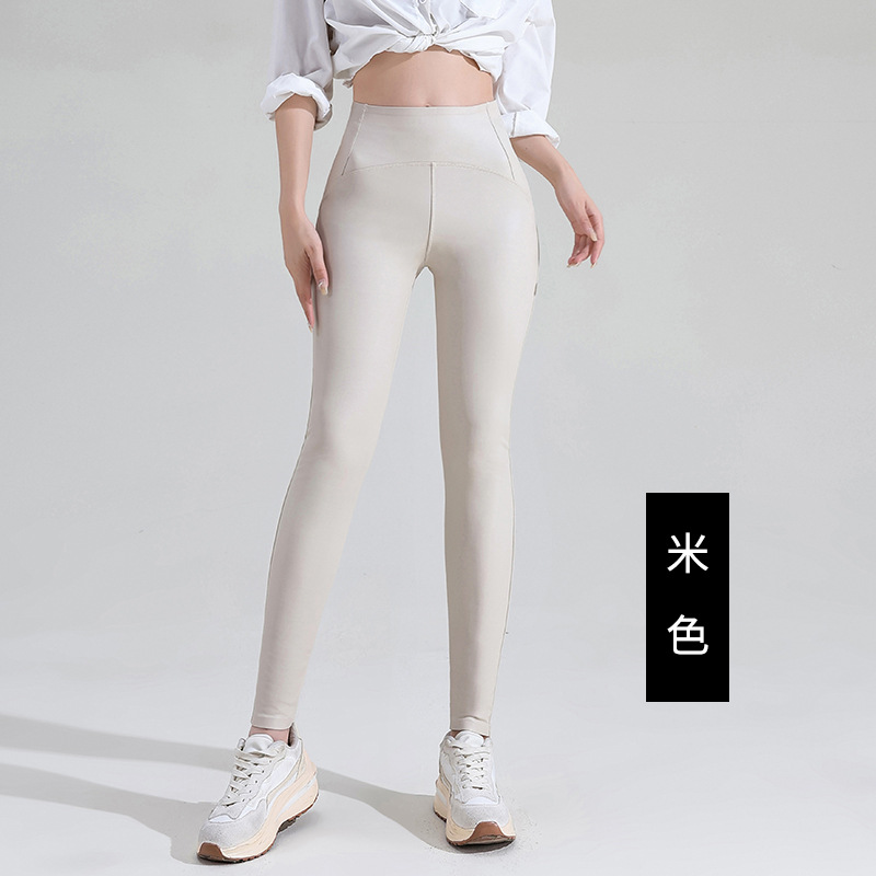2023 New PU Leather Pants Women's Autumn and Winter Thin Velvet Imitation Leather Leggings High Waist Hip Lift Tight Leather Wind-Resist Tool Car Pants