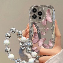 电镀银粉色蝴蝶适用苹果iPhone15手机壳vivox200小清新防摔保护套