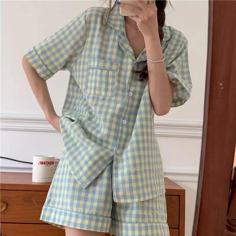 Ins Fresh Pajamas Women's Summer Short Sleeve Shorts Korean Cardigan plus Size Korean Style Japanese Style Home Wear Two-Piece Suit