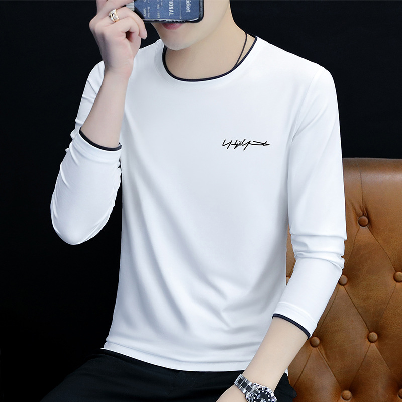 Long Sleeve Round Neck Men's T-shirt Men's Spring and Autumn Wear Casual Bottoming Shirt Stretch Slim Men's Clothes Tops T-Shirt Wholesale