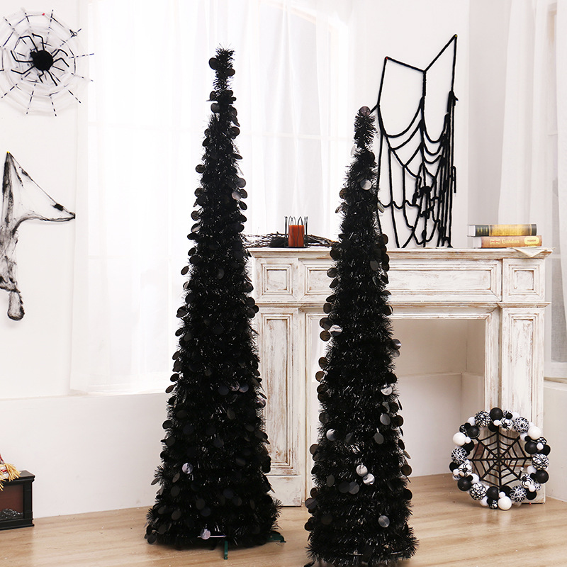 Cross-Border New Halloween Decorations Black Wafer Retractable Folding Wool Tops Tree Halloween Ornaments